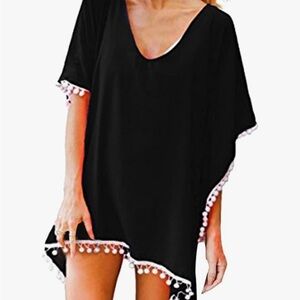 Black Pom-Pom Trim Swim Cover-Up